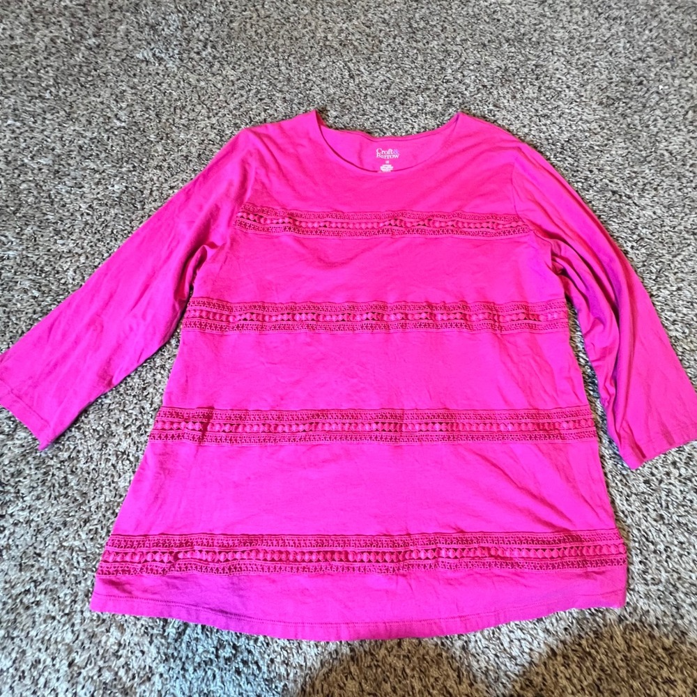 Croft & Barrow Womens 1X Magenta‎ Pink Crochet Lace Long Sleeve Top Blouse